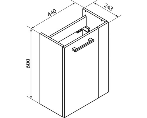 Maßzeichnung Waschbeckenunterschrank: Breite 440 Millimeter, Höhe 600 Millimeter, Tiefe 243 Millimeter.