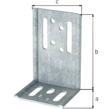 Verzinkter Winkelverbinder aus Stahl mit Maßangaben für Breite, Höhe und Tiefe.