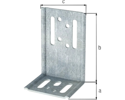 Verzinkter Winkelverbinder aus Stahl mit Maßangaben für Breite, Höhe und Tiefe.