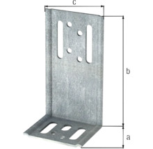 Maßskizze eines L-Winkelverbinders aus Metall mit Montagebohrungen und Kennzeichnungen für Breite, Höhe und Tiefe.