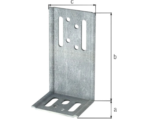 Maßskizze eines L-Winkelverbinders aus Metall mit Montagebohrungen und Kennzeichnungen für Breite, Höhe und Tiefe.