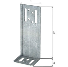 Winkelverbinder aus verzinktem Stahl mit Markierungen für Maße a, b und c sowie verschiedenen Befestigungslöchern.