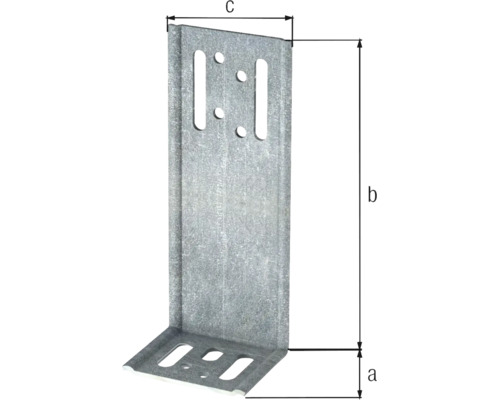 Winkelverbinder aus verzinktem Stahl mit Markierungen für Maße a, b und c sowie verschiedenen Befestigungslöchern.