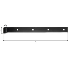 Schwarzes Ladenband aus Metall mit vier quadratischen Löchern und Maßangaben für Länge, Rollendurchmesser und Bandbreite.