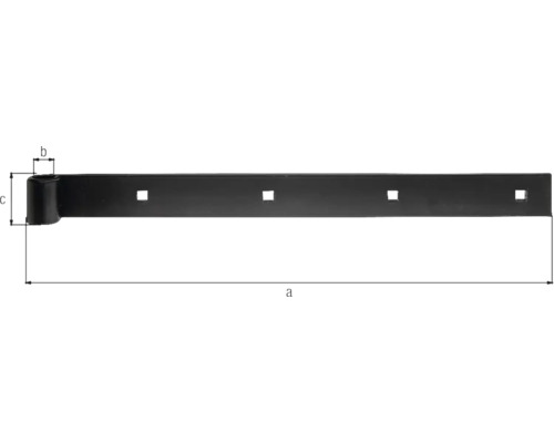 Schwarzes Ladenband aus Metall mit vier quadratischen Löchern und Maßangaben für Länge, Rollendurchmesser und Bandbreite.