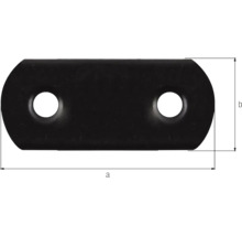Schwarze flache Verbindungslasche aus Metall mit zwei Löchern und Maßangaben für Länge a und Breite b.