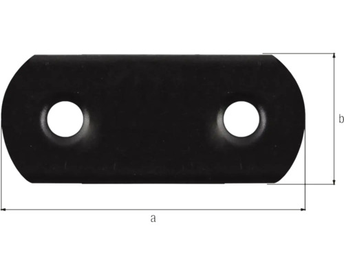 Schwarze flache Verbindungslasche aus Metall mit zwei Löchern und Maßangaben für Länge a und Breite b.