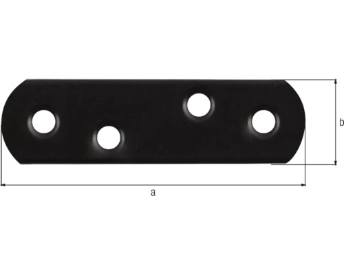 Flachverbinder mit vier Schraublöchern und abgerundeten Enden inklusive Maßlinien für Länge a und Breite b.