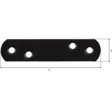 Schwarzer Flachverbinder aus Metall mit abgerundeten Enden, vier Löchern und Maßangaben für Länge und Breite.