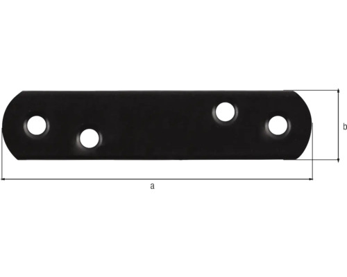 Schwarzer Flachverbinder aus Metall mit abgerundeten Enden, vier Löchern und Maßangaben für Länge und Breite.