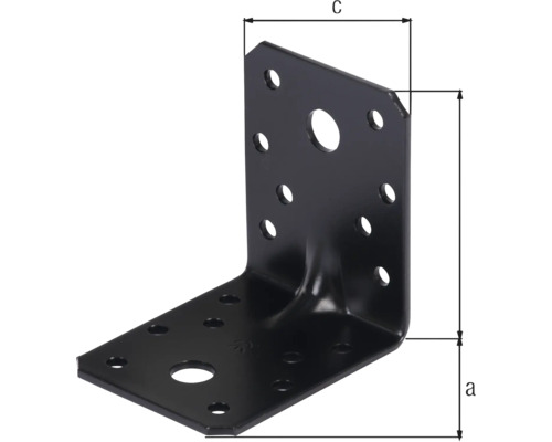 Schwarzer Winkelverbinder aus Metall mit Verstärkungssicke, mehreren Befestigungslöchern und Maßangaben für Breite und Höhe.
