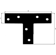 T-Flachverbinder mit sechs Löchern und Maßangaben für Breite, Gesamthöhe und Höhe des Querstabs.