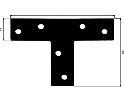T-Flachverbinder mit sechs Löchern und Maßangaben für Breite, Gesamthöhe und Höhe des Querstabs.