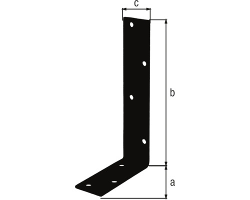 Winkelverbinder in L-Form mit Maßen für die Schenkellängen a und b sowie die Breite c mit vorgebohrten Löchern.