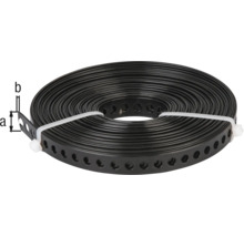 Schwarzes Lochband aus Kunststoff, aufgerollt, mit Maßangaben für Breite und Stärke.