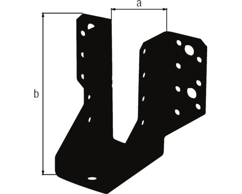 Silhouette eines Balkenschuhs mit Maßangaben a und b für den Holzbau.