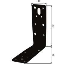 Technische Zeichnung eines schwarzen Winkelverbinders in L-Form mit vorgebohrten Löchern und Maßangaben für Höhe, Breite und Tiefe.