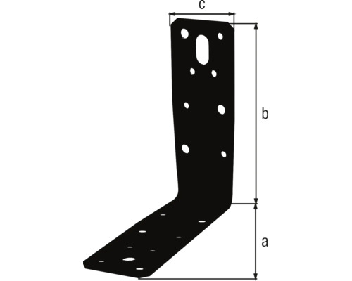 Technische Zeichnung eines schwarzen Winkelverbinders in L-Form mit vorgebohrten Löchern und Maßangaben für Höhe, Breite und Tiefe.