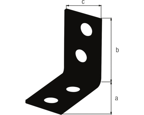 Maßzeichnung eines Winkelverbinders mit den Maßen a, b, c und vier Befestigungslöchern.