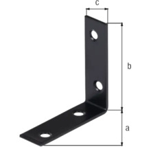 Schwarzer Winkelverbinder aus Metall mit vier Löchern und Maßlinien für die Länge, Höhe und Breite.