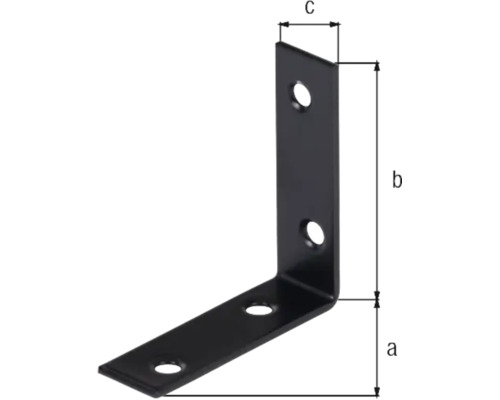 Schwarzer Winkelverbinder aus Metall mit vier Löchern und Maßlinien für die Länge, Höhe und Breite.