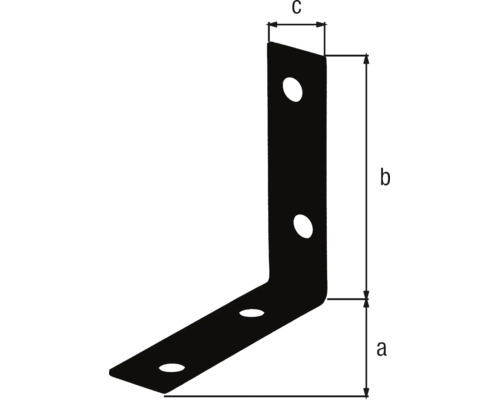 Winkelverbinder in L-Form mit Maßangaben für Schenkellänge a, Schenkellänge b und Breite c.