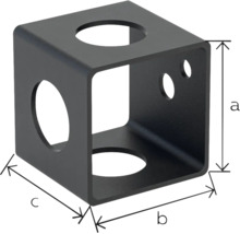 Schwarzer würfelförmiger Metallverbinder mit Maßangaben für Höhe, Breite und Tiefe.