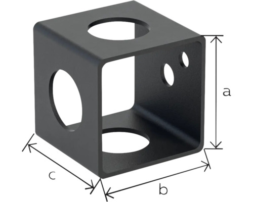 Schwarzer würfelförmiger Metallverbinder mit Maßangaben für Höhe, Breite und Tiefe.