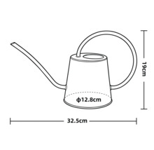 Skizze einer Gießkanne mit Maßen: Breite 32,5 Zentimeter, Höhe 19 Zentimeter, Durchmesser der Basis 12,8 Zentimeter.