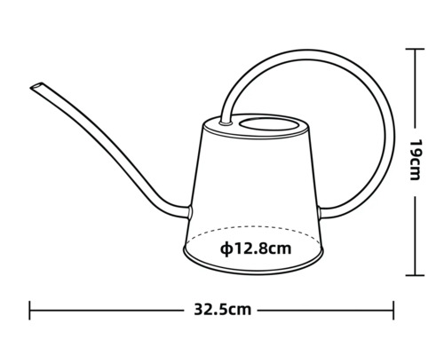 Skizze einer Gießkanne mit Maßen: Breite 32,5 Zentimeter, Höhe 19 Zentimeter, Durchmesser der Basis 12,8 Zentimeter.