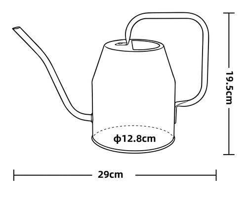 Skizze einer Gießkanne mit Maßangaben: Breite 29 Zentimeter, Höhe 19.5 Zentimeter und Durchmesser 12.8 Zentimeter.