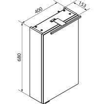 Maßzeichnung Badezimmerschrank, Breite 400 Millimeter, Höhe 680 Millimeter, Tiefe 153 Millimeter.