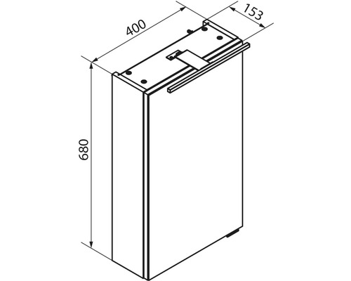 Maßzeichnung für Spiegelschrank mit einer Höhe von 680 Millimetern, einer Breite von 400 Millimetern und einer Tiefe von 153 Millimetern.