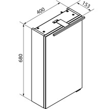 Maßzeichnung für Spiegelschrank mit einer Höhe von 680 Millimetern, einer Breite von 400 Millimetern und einer Tiefe von 153 Millimetern.