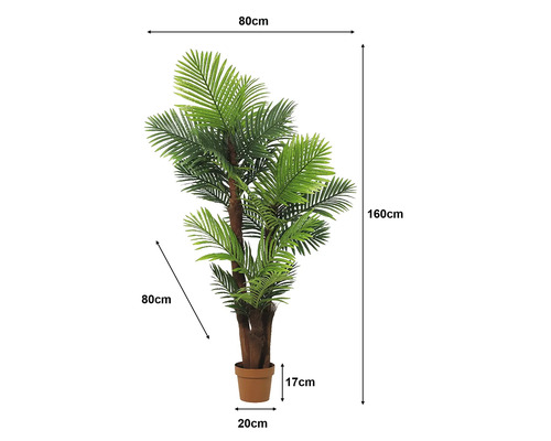 Künstliche Palme im Topf, Höhe 160 Zentimeter, Breite und Tiefe 80 Zentimeter, Topfhöhe 17 Zentimeter, Topfdurchmesser 20 Zentimeter.