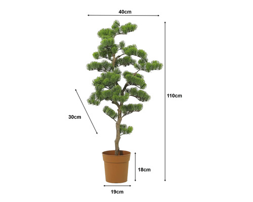 Künstlicher Bonsai im Topf. Höhe 110 Zentimeter, Breite 40 Zentimeter, Tiefe 30 Zentimeter, Topf 18 mal 19 Zentimeter.