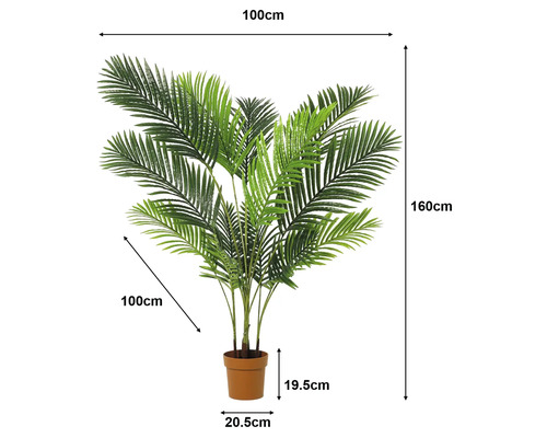 Künstliche Palme im Topf mit Maßangaben: Höhe 160 Zentimeter, Breite 100 Zentimeter, Topfhöhe 19,5 Zentimeter, Topfdurchmesser 20,5 Zentimeter.