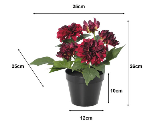 Rote künstliche Dahlie im Topf, Höhe 26 Zentimeter, Breite 25 Zentimeter, Tiefe 25 Zentimeter, Topfhöhe 10 Zentimeter, Bodendurchmesser 12 Zentimeter.