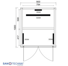 Technische Zeichnung einer Infrarotkabine mit Maßangaben 900 mal 1000 Millimeter und Leistungsangaben in Watt. Sanotechnik International Logo.