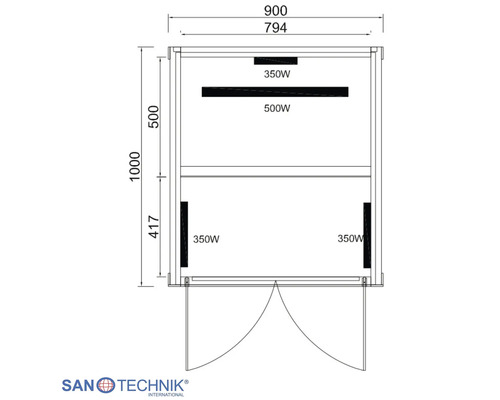Technische Zeichnung einer Infrarotkabine mit Maßangaben 900 mal 1000 Millimeter und Leistungsangaben in Watt. Sanotechnik International Logo.