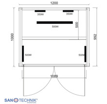 Technische Zeichnung einer Sanotechnik Infrarotkabine mit Bemaßung und Heizelementen von 350 Watt und 500 Watt. Sanotechnik International Logo.