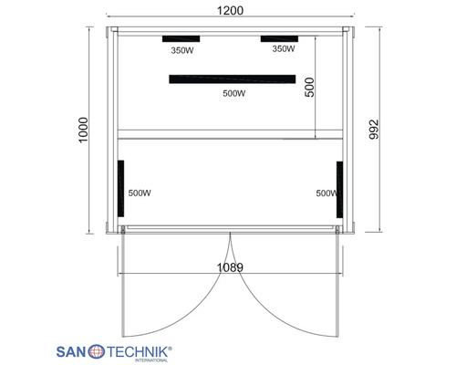 Technische Zeichnung einer Sanotechnik Infrarotkabine mit Bemaßung und Heizelementen von 350 Watt und 500 Watt. Sanotechnik International Logo.