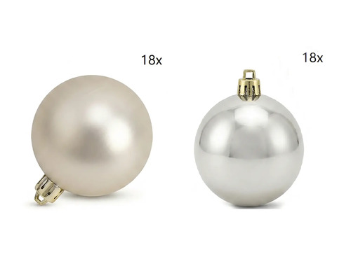 Weihnachtskugeln Set 36 Stück in Champagner, 18 matt und 18 glänzend, aus Kunststoff.