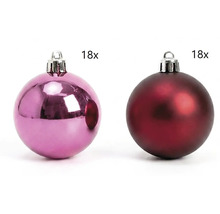 Set aus 36 Weihnachtskugeln, 18 glänzende pinkfarbene und 18 matte dunkelrote Kugeln mit Aufhänger.