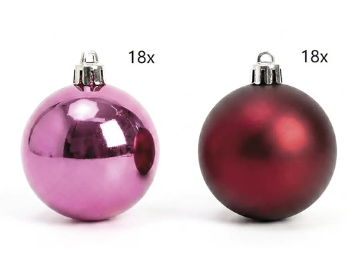 Set aus 36 Weihnachtskugeln, 18 glänzende pinkfarbene und 18 matte dunkelrote Kugeln mit Aufhänger.