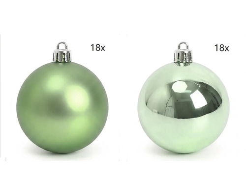 Zwei grüne Weihnachtskugeln, eine matt und eine glänzend, Set von 18 Stück.