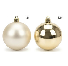 Set mit 20 Weihnachtskugeln, bestehend aus acht matten und zwölf glänzenden Kugeln in Hellgold.
