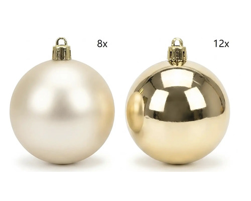 Set mit 20 Weihnachtskugeln, bestehend aus acht matten und zwölf glänzenden Kugeln in Hellgold.