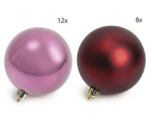 Set aus 20 Kunststoff-Weihnachtskugeln, bestehend aus 12 glänzend rosa und 8 matt dunkelroten Kugeln.