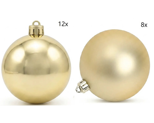 Set aus 20 goldfarbenen Weihnachtskugeln, davon 12 glänzend und 8 matt.